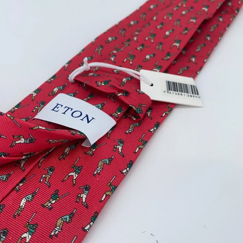 Eton Tie Mens One Size Red Cricket Print Silk Classic Fit Necktie Italy‎ Made